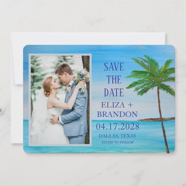 Tropical Beach Destination Wedding Photo   Save The Date (Front)