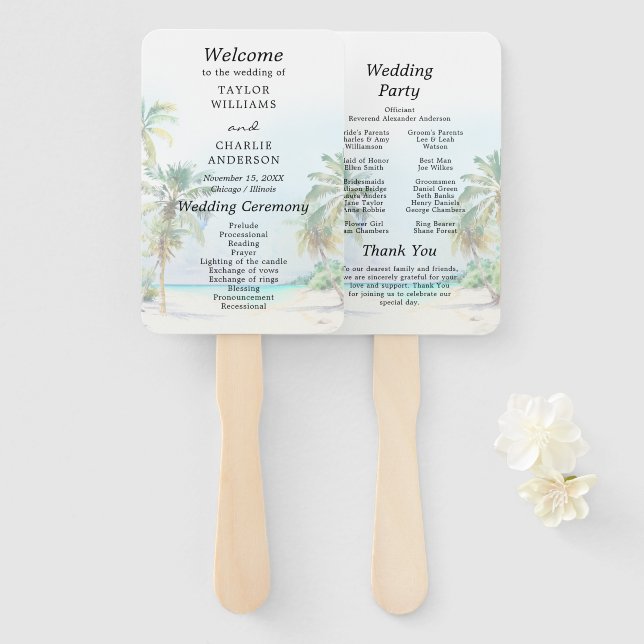 Tropical Beach Destination Wedding Program Hand Fan (Front and Back)