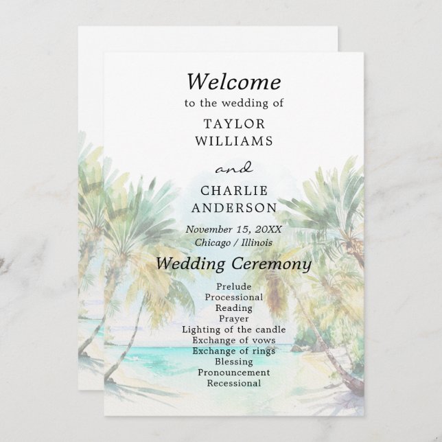Tropical Beach Destination Wedding Program Programme (Front/Back)