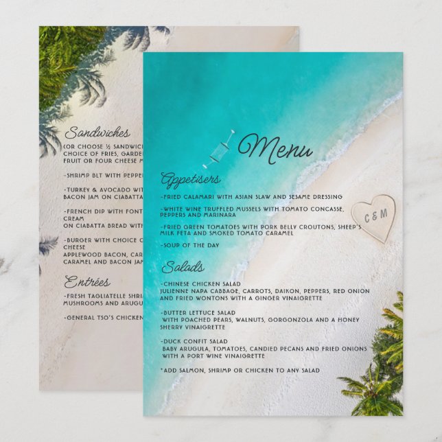 Tropical Beach Destination Wedding Reception Menu (Front/Back)