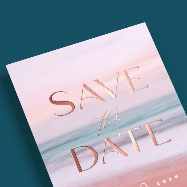 Tropical Beach Destination Wedding Save the date (Rose Gold foil luxury destination sunset beach wedding save the date card)