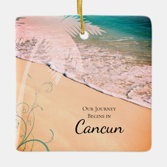 Tropical Beach Destination Wedding Save the Date Ceramic Ornament (Front)