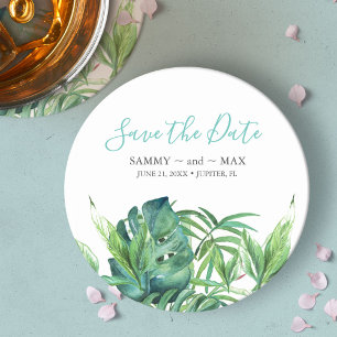 Tropical Beach Destination Wedding Save the Date Round Paper Coaster