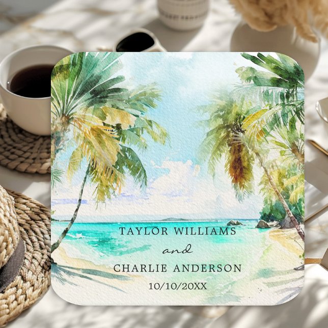 Tropical Beach Destination Wedding Square Paper Coaster (Creator Uploaded)