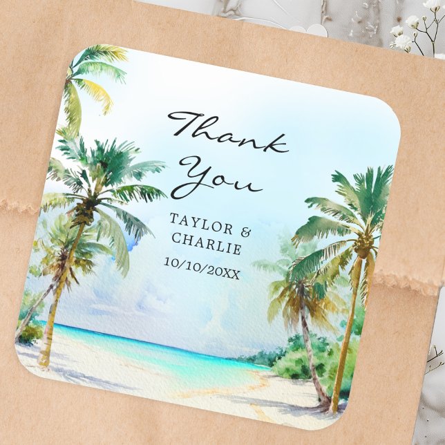 Tropical Beach Destination Wedding Thank You Square Sticker (Creator Uploaded)
