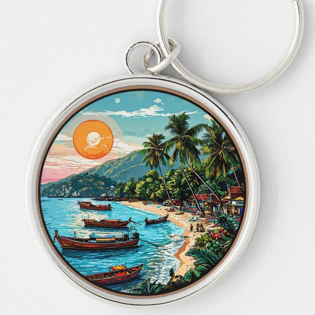 Tropical Beach Featuring Boats, Palm Trees Key Ring (Front)
