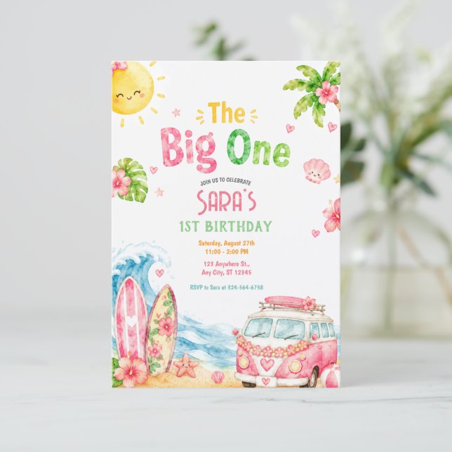 Tropical Beach First Birthday Party for Girls Invitation (Standing Front)