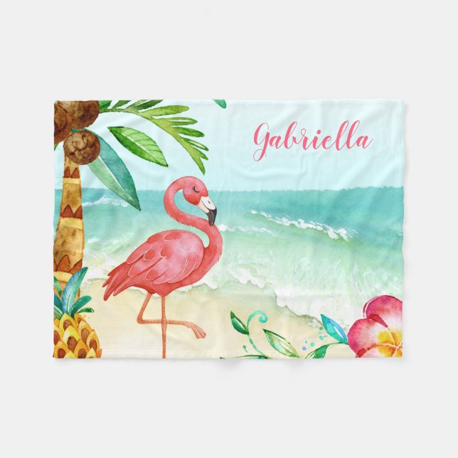 Tropical Beach Flamingo Personalized Fleece Blanket (Front (Horizontal))
