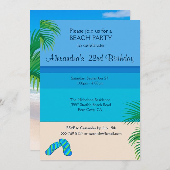Tropical Beach & Flip Flops Birthday Party Invitation (Front/Back)