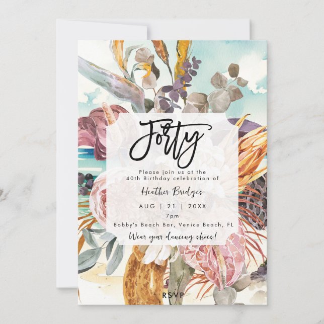 Tropical beach floral 40th birthday party invitation (Front)