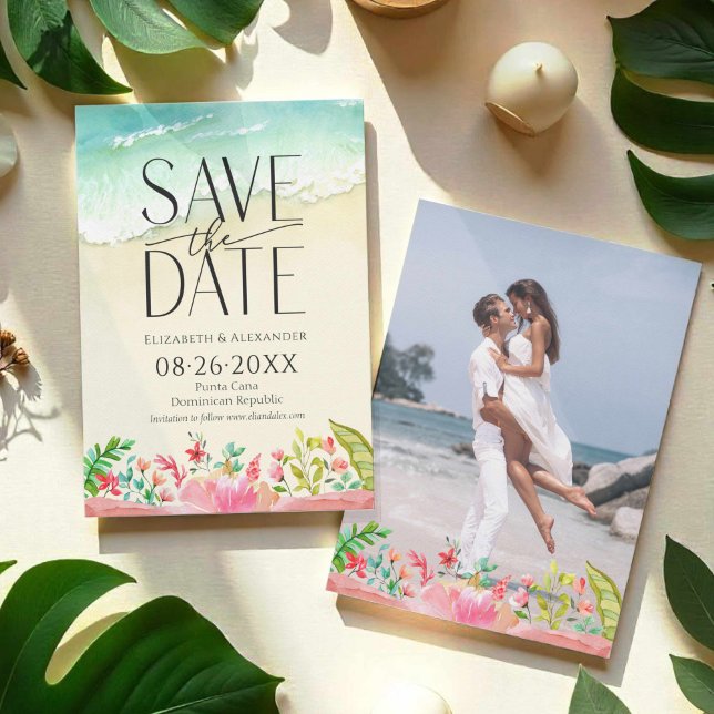 Tropical Beach Floral Calligraphy Save the Date Invitation (Creator Uploaded)