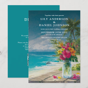 Tropical Beach Floral Mason Jar QR Code Wedding Invitation