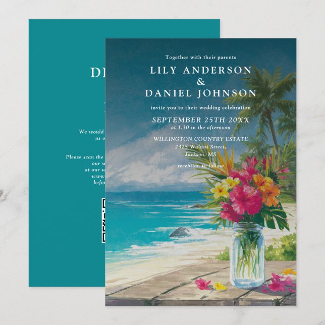 Tropical Beach Floral Mason Jar QR Code Wedding Invitation (Front/Back)