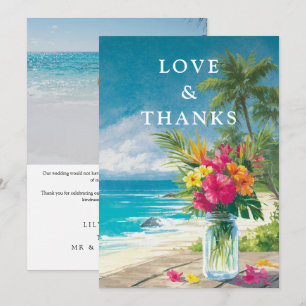Tropical Beach Floral Mason Jar Wedding Photo Thank You Card