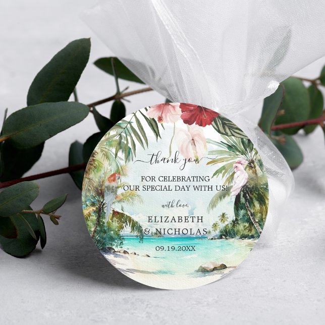Tropical Beach Floral Palm Wedding Favour Classic Round Sticker (Creator Uploaded)