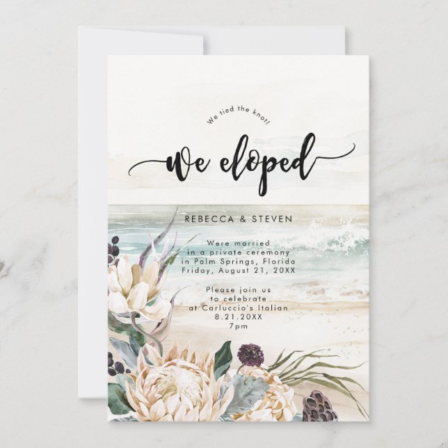 tropical beach floral protea we eloped invitation (Front)