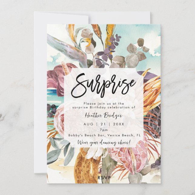 Tropical beach floral surprise birthday party invitation (Front)