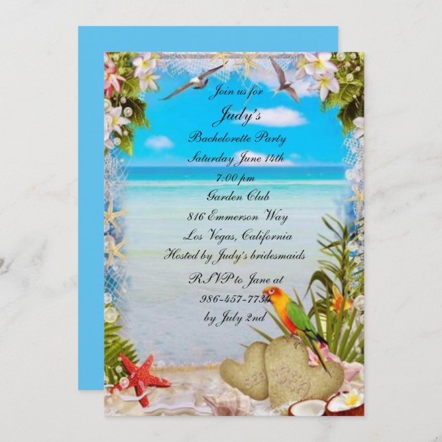 Tropical Beach Floral Wedding Bachelorette Party Invitation (Front/Back)