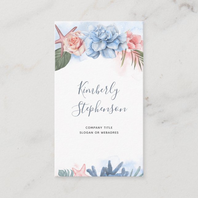 Tropical Beach Flowers and Starfish Coral Palm Business Card (Front)