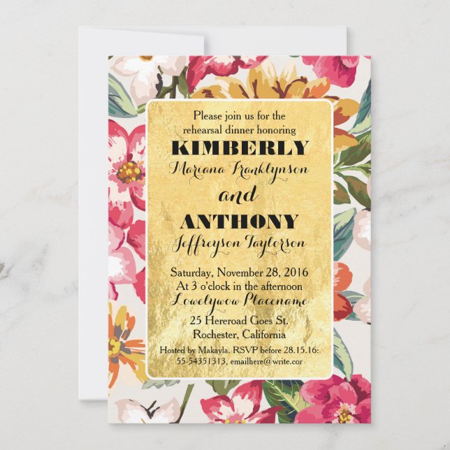 tropical beach flowers gold frame rehearsal dinner invitation (Front)