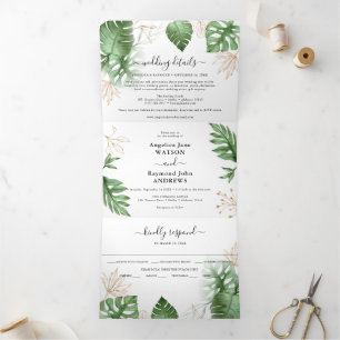 Tropical Beach Foliage & Gold Elegant Wedding Tri-Fold Invitation