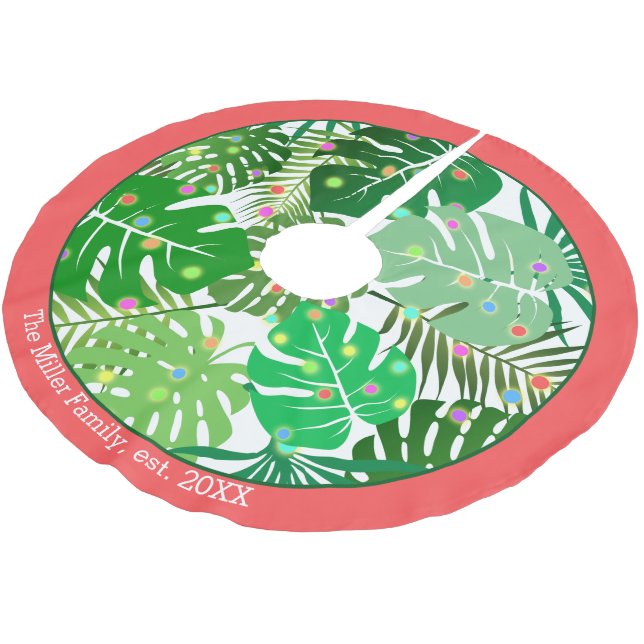 Tropical Beach Foliage Lights Modern Monogram Name Brushed Polyester Tree Skirt (Angled)