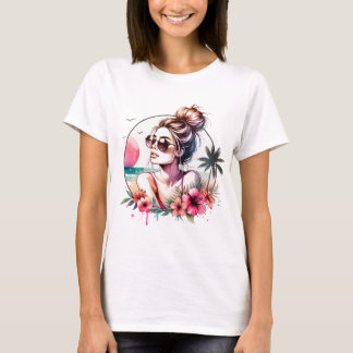 Tropical Beach Girl Watercolour T-Shirt