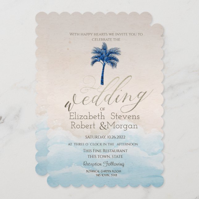Tropical Beach Glitter Palm Wedding Invitation (Front/Back)