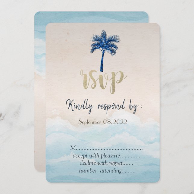 Tropical Beach Glitter Palm Wedding RSVP  Invitation (Front/Back)