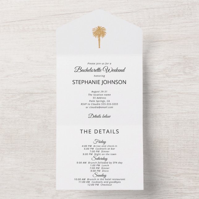 Tropical Beach Gold Palm Destination Bachelorette All In One Invitation (Inside)