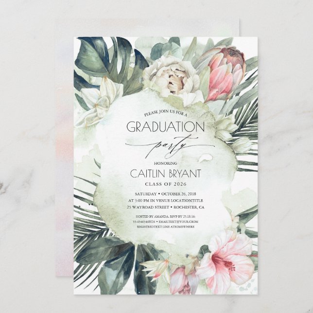 Tropical Beach Greenery and Flowers Graduation Invitation (Front/Back)