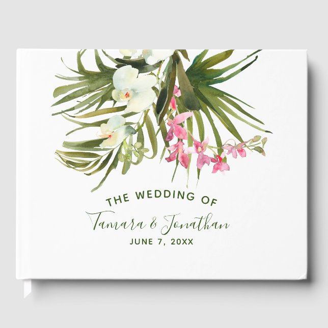 Tropical Beach Greenery Pink Floral Bridal  Guest Book (Front)