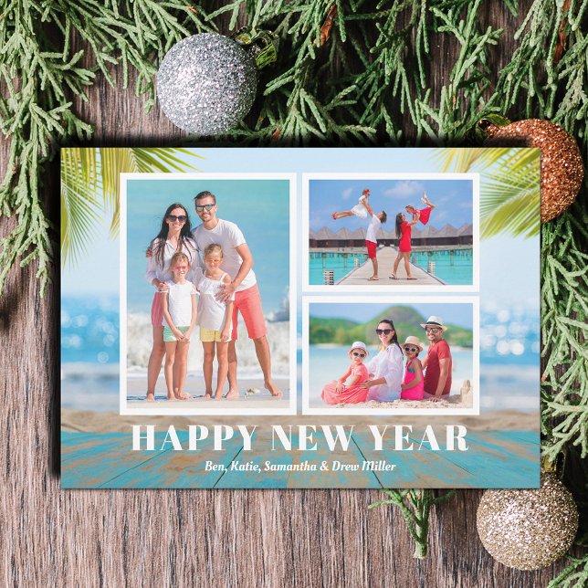 Tropical Beach Happy New Year Photo Holiday Card (Tropical Beach Happy New Year Photo Holiday Cards - Order INSTANT DOWNLOAD and/or PRINTED or both!)