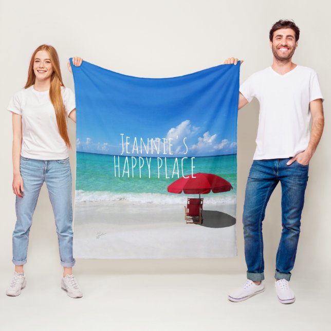 Tropical Beach Happy Place Your Name Red Umbrella Fleece Blanket (In Situ)