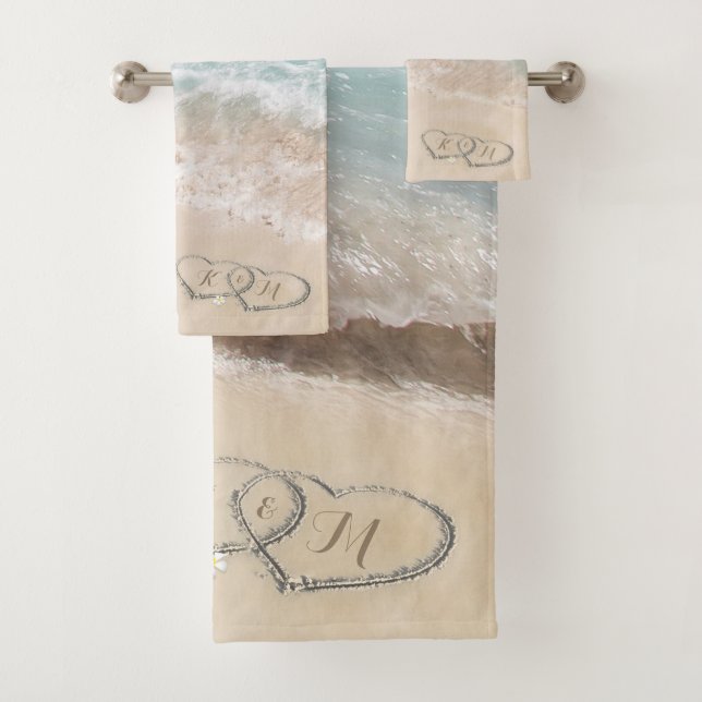 Tropical Beach Heart Shore Monogram Bath Towel Set (Insitu)