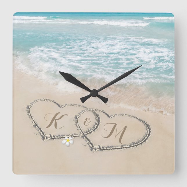 Tropical Beach Heart Shore Monogram Square Wall Clock (Front)