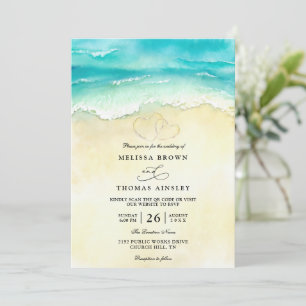 Tropical Beach Heart Watercolor QR Code Wedding Invitation
