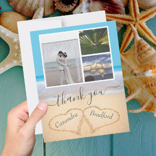 Tropical Beach Hearts in Sand Wedding Thank you Postcard