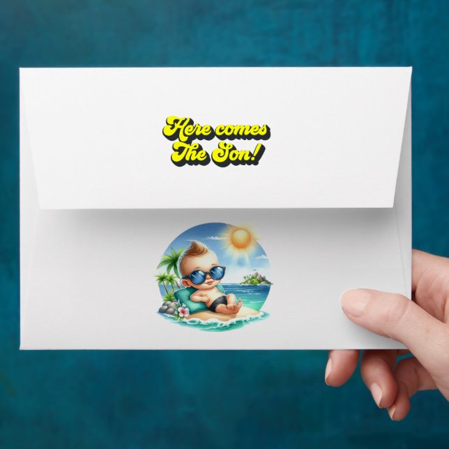 Tropical Beach "Here Comes the Son" Baby Shower Envelope (Hand)
