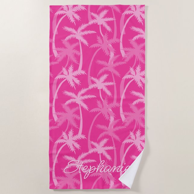 Tropical Beach Hot Pink Palm Tree Monogrammed Beach Towel (Front)