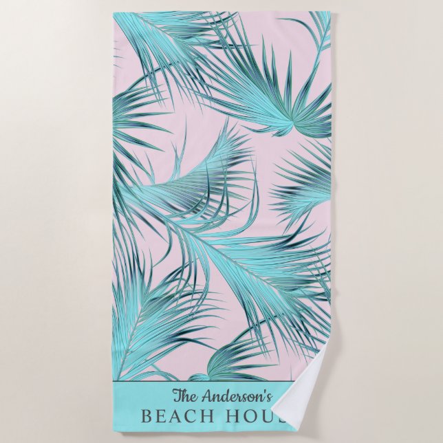 Tropical Beach House Palm Fronds with Your Name Beach Towel (Front)