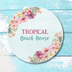 Tropical Beach House Pink Flowers Floral Botanical Coaster