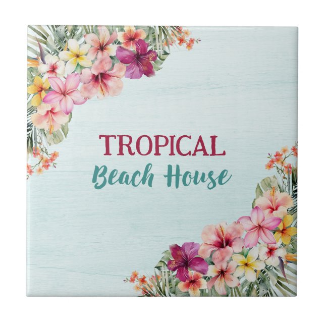 Tropical Beach House Pink Flowers Floral Botanical Tile (Front)