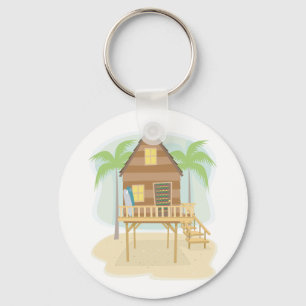 Tropical Beach Hut Surfboards and Palm Trees Key Ring