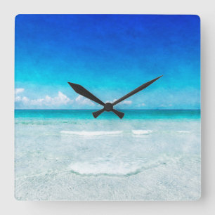 Tropical Beach in Florida Teal Aqua Turquoise Blue Square Wall Clock