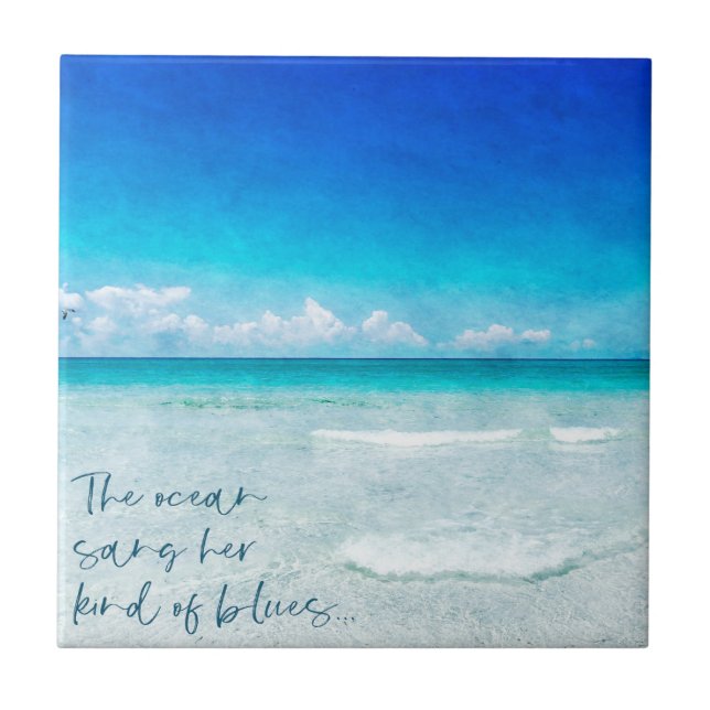 Tropical Beach in Teal Aqua Turquoise Blue Florida Tile (Front)