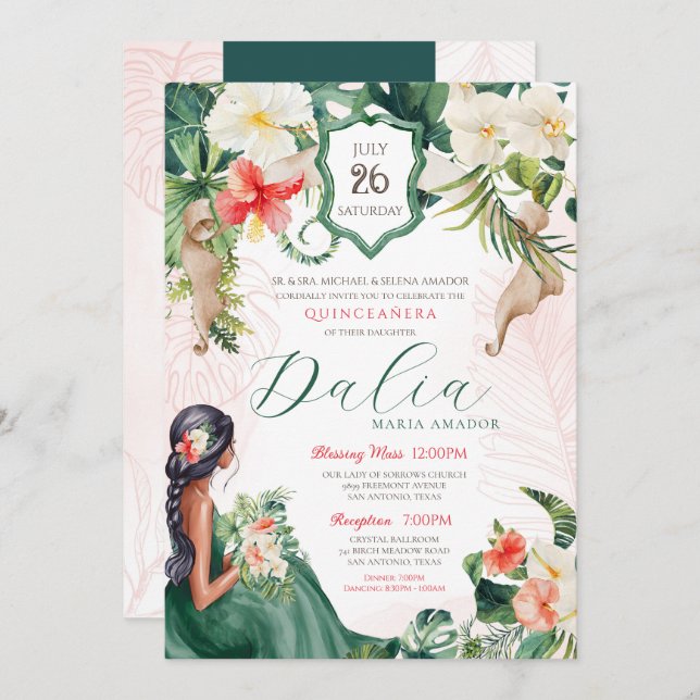 Tropical Beach Island Quinceanera Birthday Invitation (Front/Back)