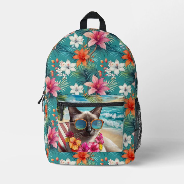 Tropical Beach Kitty I Siamese Cat on the Beach Printed Backpack (Front)