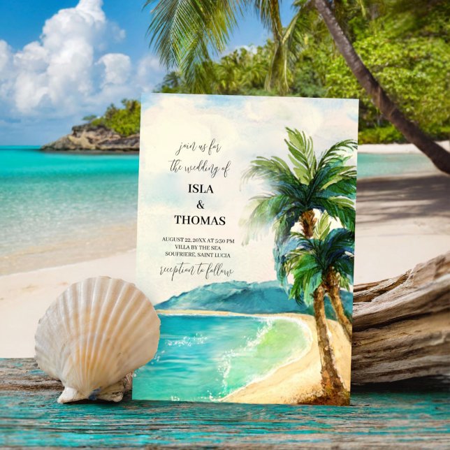 Tropical Beach Lagoon Palm Paradise Wedding Invitation (Creator Uploaded)