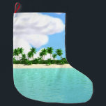 Tropical Beach Large Christmas Stocking<br><div class="desc">A beautiful tropical beach with sight of palm trees to soothe you. Warm waters meets the sandbank,  the sound of the ocean relaxes you. Sun warmed air flows all around with the light breeze to bath you.</div>
